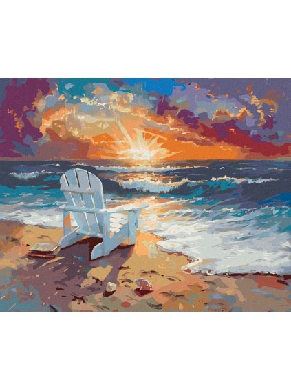 Diamantové maľovanie - PLÁŽOVÉ STOLIČKY PRI MORI A ZÁPAD SLNKA (Rámovanie bez rámu a bez vypnutia plátna, Rozmer 40x50 cm)