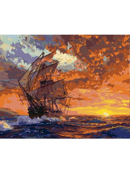 Diamantové maľovanie - LOĎ NA MORI A ZÁPAD SLNKA (Rámovanie bez rámu a bez vypnutia plátna, Rozmer 40x50 cm)