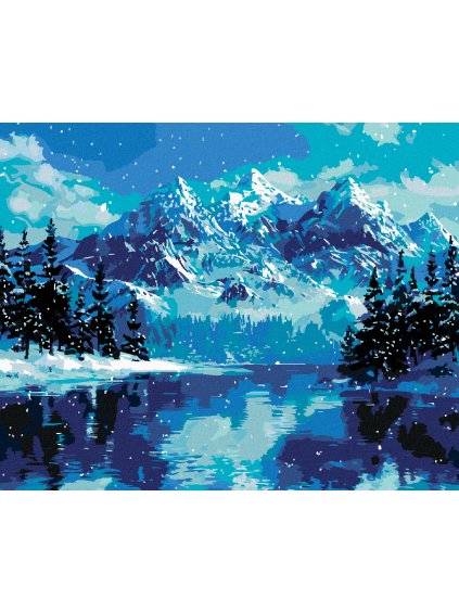 Diamantové maľovanie - RIEKA A HORY V ZIME (Rámovanie bez rámu a bez vypnutia plátna, Rozmer 40x50 cm)