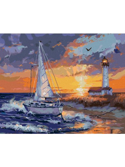 Diamantové maľovanie - PLACHETNICA NA PLÁŽI, MAJÁK A ZÁPAD SLNKA (Rámovanie bez rámu a bez vypnutia plátna, Rozmer 40x50 cm)