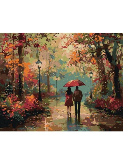 Diamantové maľovanie - PÁR POD DÁŽDNIKOM PO DAŽDI A JESENNÝ PARK (Rámovanie bez rámu a bez vypnutia plátna, Rozmer 40x50 cm)