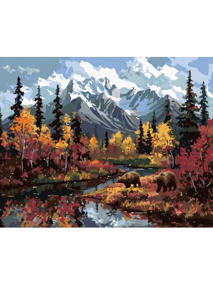 Diamantové maľovanie - MEDVEĎ PRI RIKE, HORY A JESENNÉ STROMY (Rámovanie bez rámu a bez vypnutia plátna, Rozmer 40x50 cm)