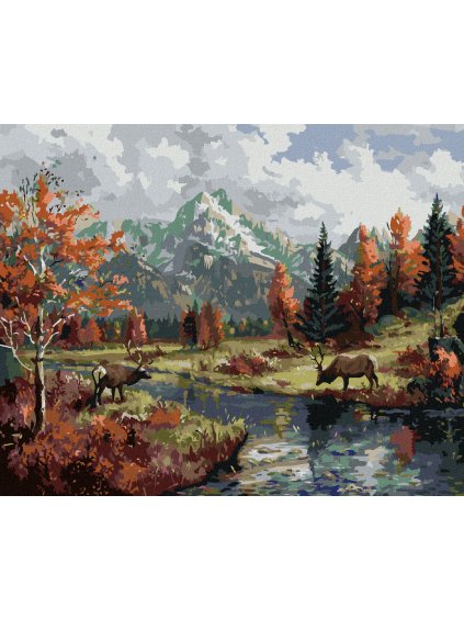 Diamantové maľovanie - JELEŇ PRI RIEKE, HORY A JESENNÉ STROMY (Rámovanie bez rámu a bez vypnutia plátna, Rozmer 40x50 cm)