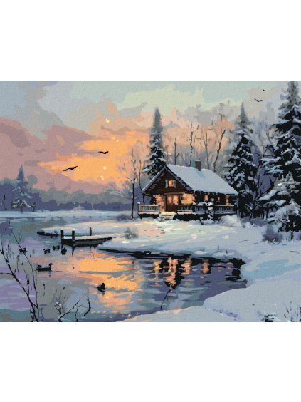 Diamantové maľovanie - CHATA S MÓLOM PRI RIKE V ZIME (Rámovanie bez rámu a bez vypnutia plátna, Rozmer 40x50 cm)