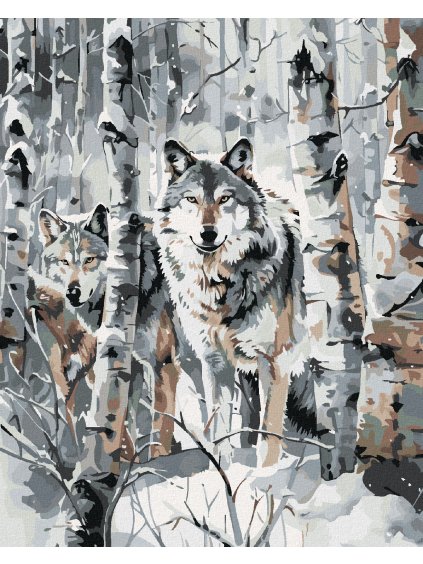 Diamantové maľovanie - VLK A BREZY V ZIME (Rámovanie bez rámu a bez vypnutia plátna, Rozmer 40x50 cm)