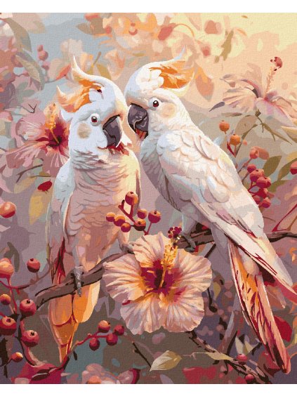 Diamantové maľovanie - KAKADU A RUŽOVÉ KVETY (Rámovanie bez rámu a bez vypnutia plátna, Rozmer 40x50 cm)