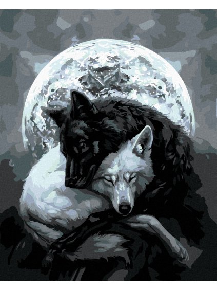 Diamantové maľovanie - BIELY A ČIERNY VLK A SPLN (Rámovanie bez rámu a bez vypnutia plátna, Rozmer 40x50 cm)
