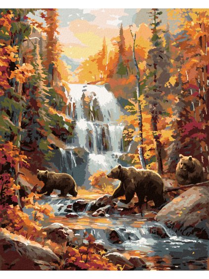 Diamantové maľovanie - MEDVEĎ S MLÁĎATAMI, RIEKA A STROMY NA JESEŇ (Rámovanie bez rámu a bez vypnutia plátna, Rozmer 40x50 cm)