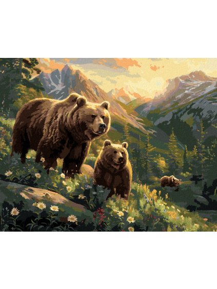 Diamantové maľovanie - ZÁPAD SLNKA, MEDVEĎ S MLÁĎATAMI A RIEKA MEDZI HORAMI (Rámovanie bez rámu a bez vypnutia plátna, Rozmer 40x50 cm)