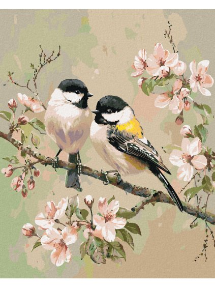 Diamantové maľovanie - SÝKORKA A ROZKVITNUTÝ KONÁR JABLONE (Rámovanie bez rámu a bez vypnutia plátna, Rozmer 40x50 cm)