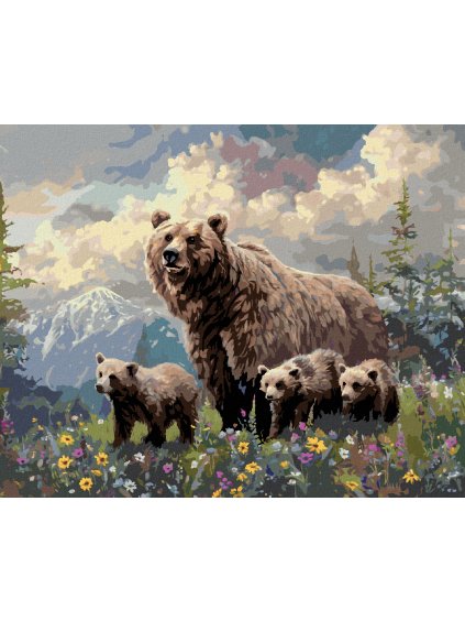 Diamantové maľovanie - MEDVEĎ S MLÁĎATAMI V KVETOCH A HORY (Rámovanie bez rámu a bez vypnutia plátna, Rozmer 40x50 cm)