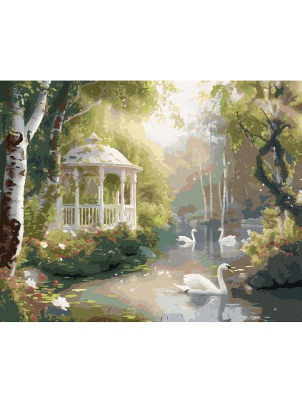 Diamantové maľovanie - ALTÁNOK, LABUTE A KAČICE NA JAZERE A BREZY (Rámovanie bez rámu a bez vypnutia plátna, Rozmer 40x50 cm)