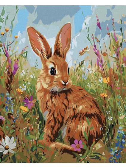 Diamantové maľovanie - KRÁLIK A JARNÉ KVETY (Rámovanie bez rámu a bez vypnutia plátna, Rozmer 40x50 cm)