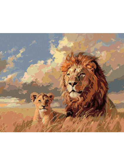 Diamantové maľovanie - LEV S MLÁĎAŤOM A MRAKMI (Rámovanie bez rámu a bez vypnutia plátna, Rozmer 40x50 cm)