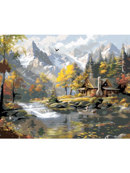 Diamantové maľovanie - OROL, RIEKA, CHATA A HORY (Rámovanie bez rámu a bez vypnutia plátna, Rozmer 40x50 cm)