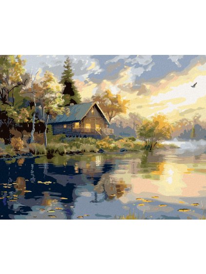 Diamantové maľovanie - JAZERO, CHATA A ZÁPAD SLNKA (Rámovanie bez rámu a bez vypnutia plátna, Rozmer 40x50 cm)