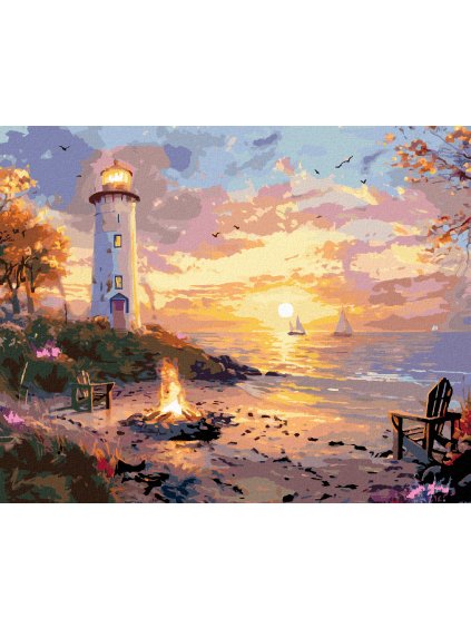 Diamantové maľovanie - TÁBORÁK NA PLÁŽI, MAJÁK A ZÁPAD SLNKA (Rámovanie bez rámu a bez vypnutia plátna, Rozmer 40x50 cm)