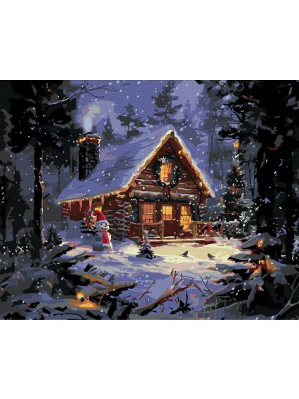Diamantové maľovanie - SNEHULIAK, VIANOČNÝ STROM A CHATA S VIANOČNÝMI SVETIELKAMI (Rámovanie bez rámu a bez vypnutia plátna, Rozmer 40x50 cm)