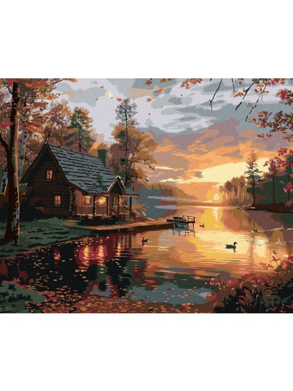 Diamantové maľovanie - MÓLO A CHATA PRI JAZERE A ZÁPAD SLNKA (Rámovanie bez rámu a bez vypnutia plátna, Rozmer 40x50 cm)