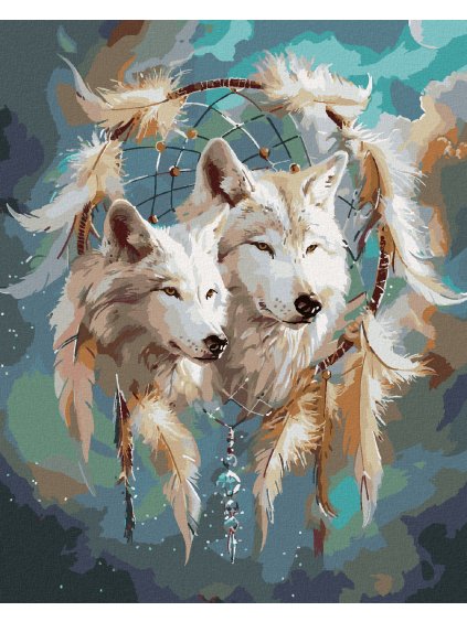 Diamantové maľovanie - BIELY VLK A LAPAČ SNOV V TVARE MESIACA (Rámovanie bez rámu a bez vypnutia plátna, Rozmer 40x50 cm)