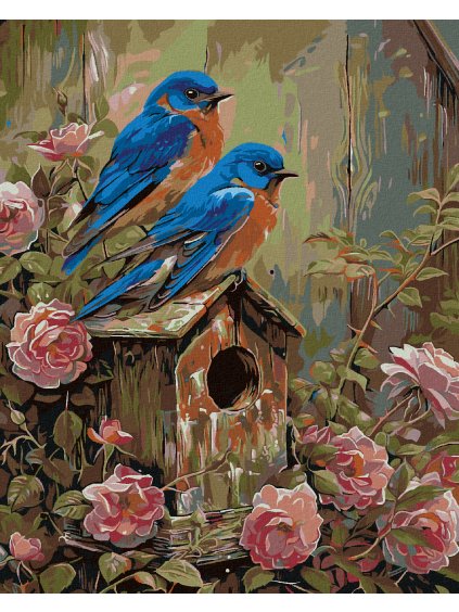 Diamantové maľovanie - VTÁK SALAŠNÍK A BÚDKA (Rámovanie bez rámu a bez vypnutia plátna, Rozmer 40x50 cm)