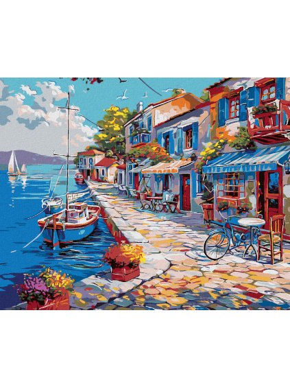 Diamantové maľovanie - KAVIAREŇ PRI MORI A LODE (Rámovanie bez rámu a bez vypnutia plátna, Rozmer 40x50 cm)