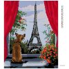 Diamantové maľovanie - PSÍK V OKNE A VÝHĽADOM NA EIFFELOVKU (Rámovanie bez rámu a bez vypnutia plátna, Rozmer 40x50 cm)