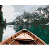 Diamantové maľovanie - LOĎ NA JAZERE A HORY V HMLE (Rámovanie bez rámu a bez vypnutia plátna, Rozmer 40x50 cm)