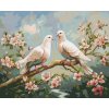 Diamantové maľovanie - BIELE HOLUBICE NA ROZKVITNUTOM KONÁRI A RIEKA (Rámovanie bez rámu a bez vypnutia plátna, Rozmer 40x50 cm)