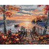 Diamantové maľovanie - POSEDENIE NA MÓLE, ČLN, JESENNÉ STROMY A ZÁPAD SLNKA (Rámovanie bez rámu a bez vypnutia plátna, Rozmer 40x50 cm)