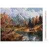 Diamantové maľovanie - JELEŇ PRI RIEKE, HORY A JESENNÉ STROMY (Rámovanie bez rámu a bez vypnutia plátna, Rozmer 40x50 cm)