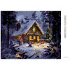 Diamantové maľovanie - SNEHULIAK, VIANOČNÝ STROM A CHATA S VIANOČNÝMI SVETIELKAMI (Rámovanie bez rámu a bez vypnutia plátna, Rozmer 40x50 cm)