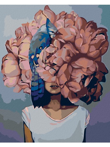 Haft diamentowy - Kobieta z głową w kwiatach - piwonie i koliber