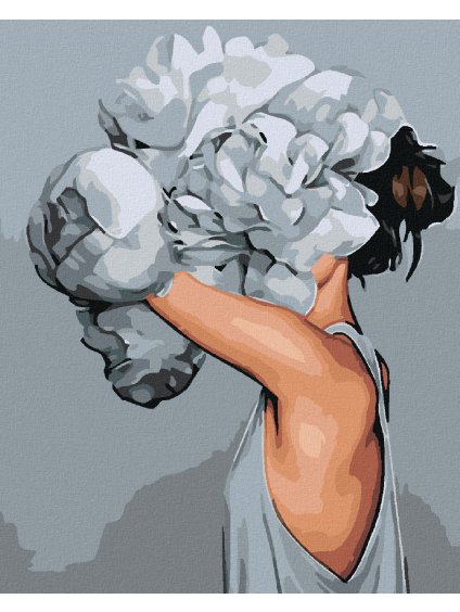Haft diamentowy - Kobieta z głową w kwiatach - białe piwonie II