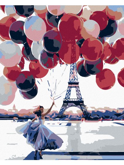 Haft diamentowy - Kobieta z balonami przed Wieża Eiffla