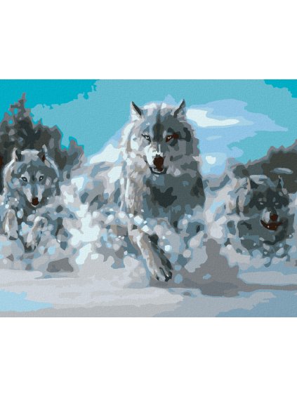 Haft diamentowy - Wilki w biegu na śniegu