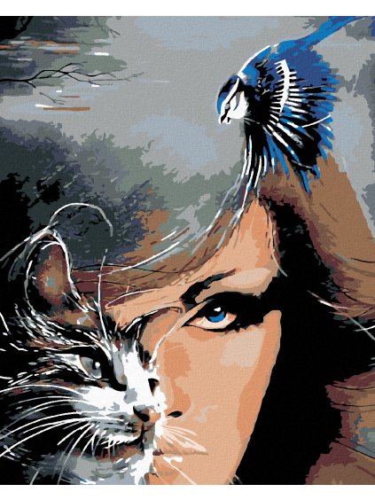 Haft diamentowy - Kobieta z kotem i niebieski ptak