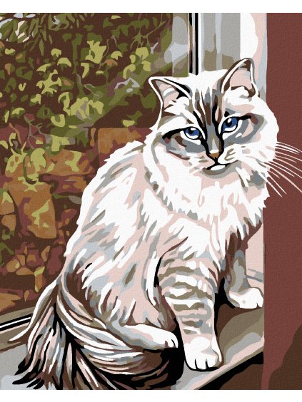 Haft diamentowy - Biały kot w oknie