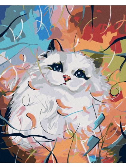 Haft diamentowy - Biała kotka i kolorowe tło