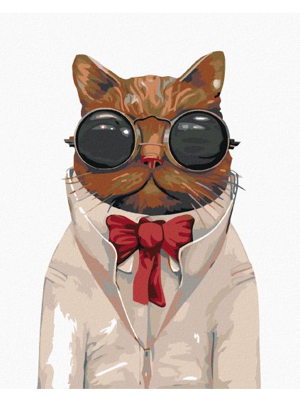 Haft diamentowy - Kot w okulary z czerwoną kokardą