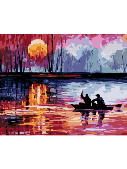 Haft diamentowy - Zachód słońca nad jeziorem, łódka