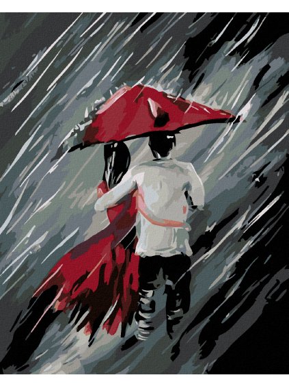 Haft diamentowy - Zakochani pod parasolem w deszczu