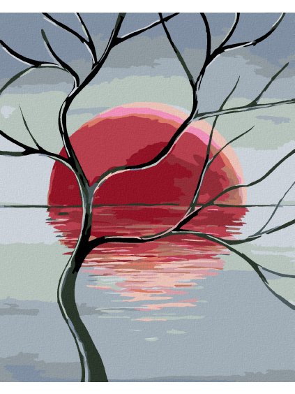 Haft diamentowy - Czerwony zachód słońca i samotne drzewo