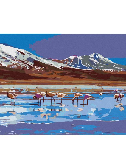 Haft diamentowy - Górskie jezioro i flamingi