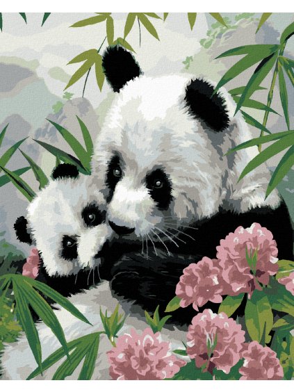 Haft diamentowy - PANDA Z MŁODYM I RÓŻOWE KWIATY (HOWARD ROBINSON)