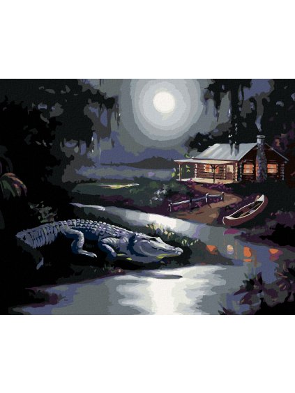 Haft diamentowy - ALIGATOR NA BRZEGU I CHATKA POD KSIĘŻYCEM W PEŁNI (D. RUSTY RUST)