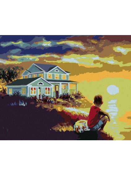 Haft diamentowy - CHŁOPIEC I PIES NAD MORZEM O ZACHODZIE SŁOŃCA (D. RUSTY RUST)