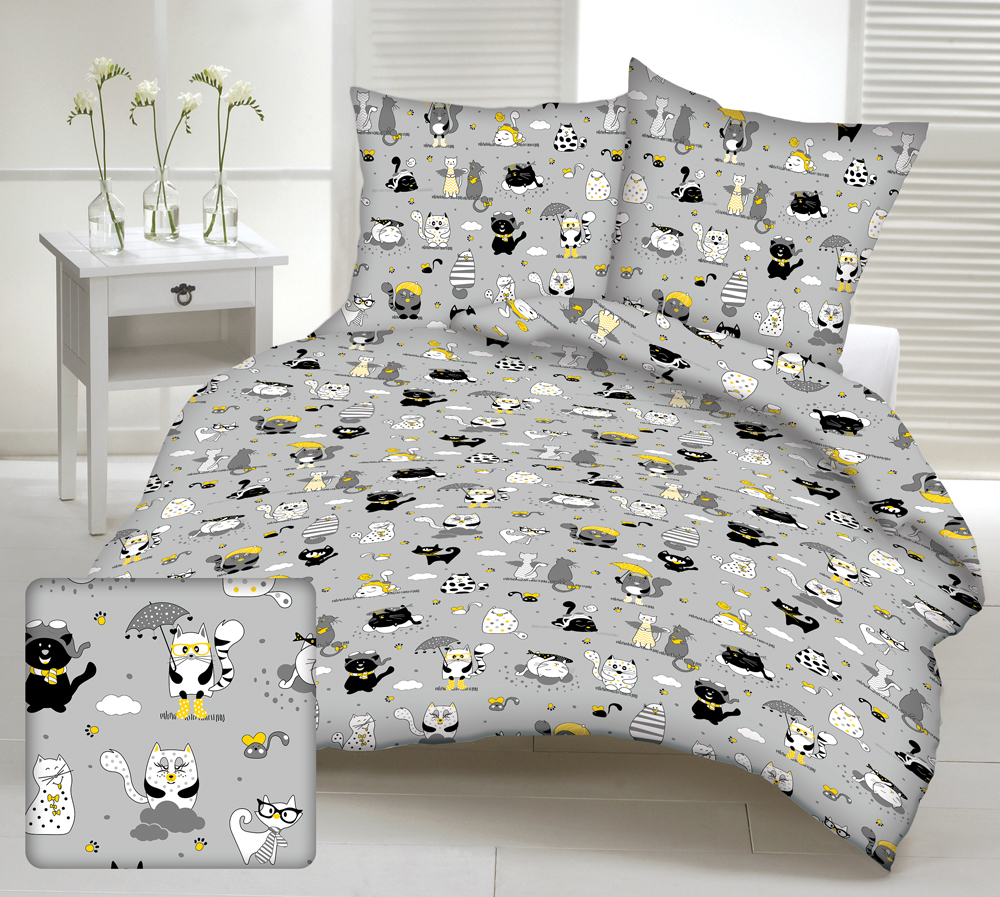 Fotografia produktu: Didatex MAČIČKA SIVÁ detské bavlnené obliečky Rozmer obliečok: 140x200 cm, Obsah balenia: Set Balenie