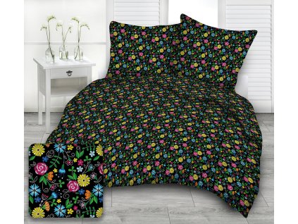 Květy černé bavlněná látka DeLuxe