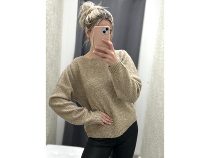 Dámský béžový svetr se zlatým třpytem